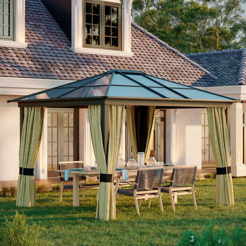 Outsunny 10 x 12ft Garden Outdoor Aluminium Gazebo Hardtop with LED Solar Light Canopy Marquee Party Tent  Shelter with Mesh Curtains & Side Walls