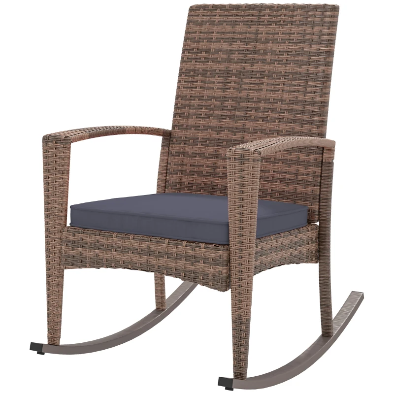 Outsunny Outdoor PE Rattan Rocking Chair, Garden Glider Rocking Chair, Wicker Patio Chair Set with Armrest and Cushion, Dark Blue