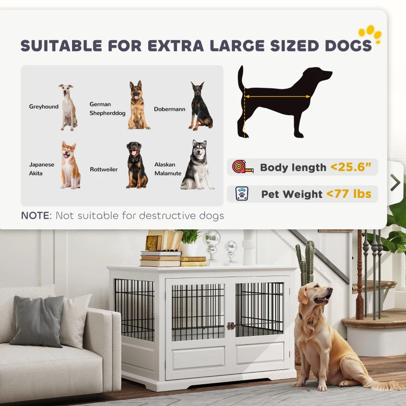 PawHut 43" Dog Crate Furniture with 3 Doors, Removable Tray, for Extra Large Medium Small Dogs, Indoor Use, White