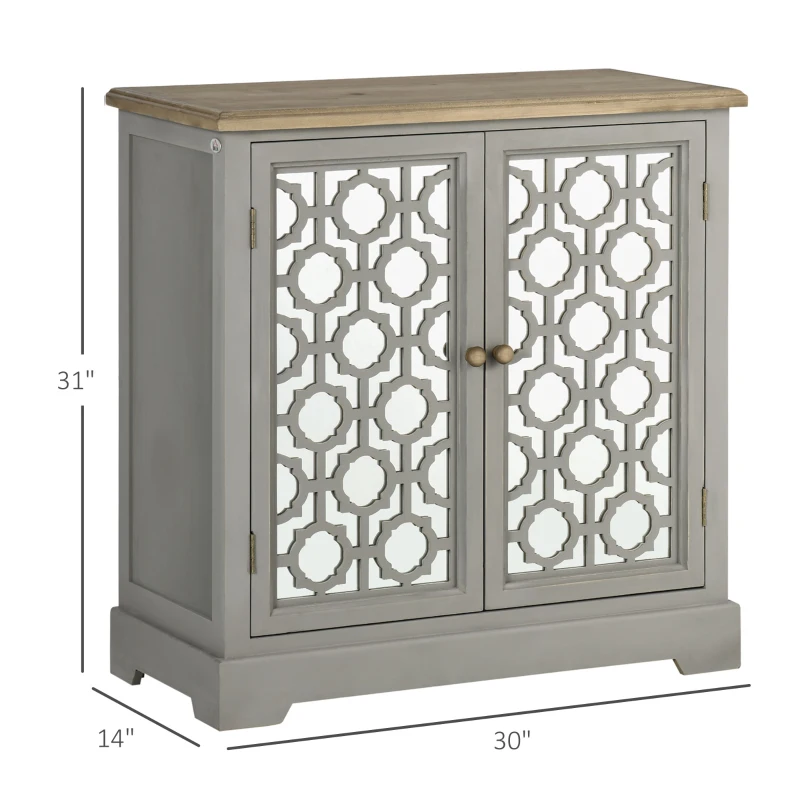 HOMCOM Farmhouse Sideboard Buffet Cabinet, Kitchen Storage Cabinet, Accent Cabinet with Double Glass Doors and Solid Wood Countertop for Kitchen, Living Room, Gray