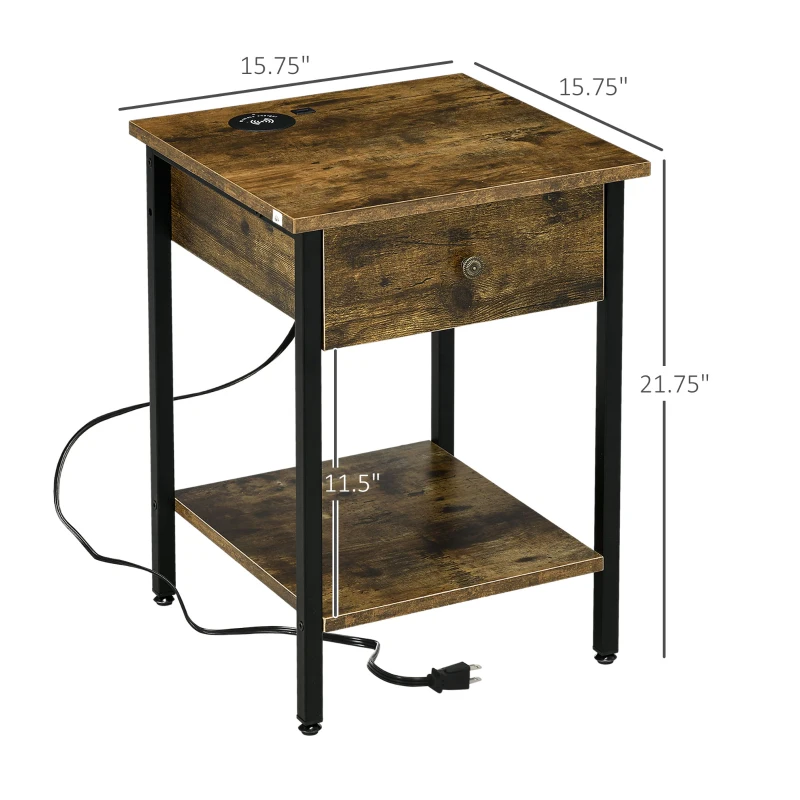 HOMCOM End Table with Wireless Charging Station, 2 USB Ports, Rustic Brown