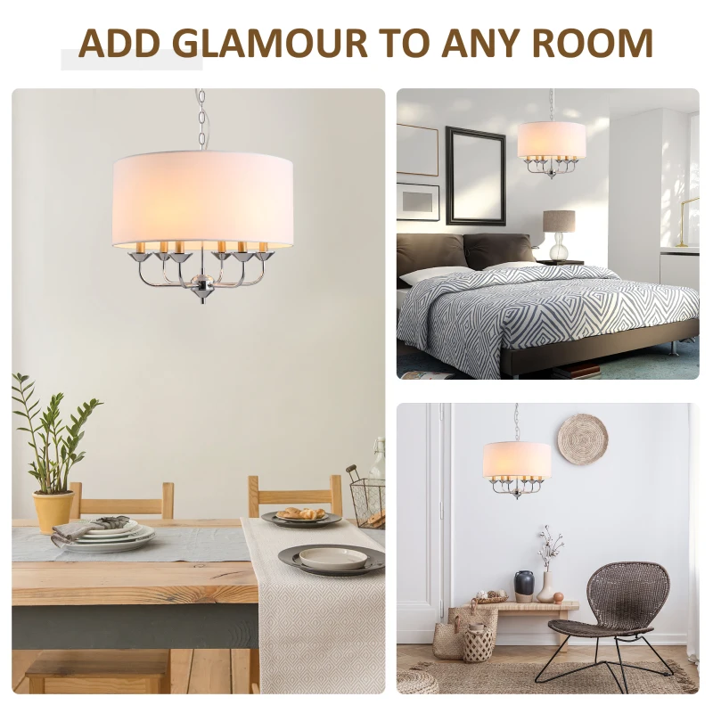 HOMCOM 6-Light Modern Chandelier Candle Pendant Light, Drum Fabric Lampshade for Dining Room, Bedroom, Kitchen, Living Room with Hanging Light Fixture, White