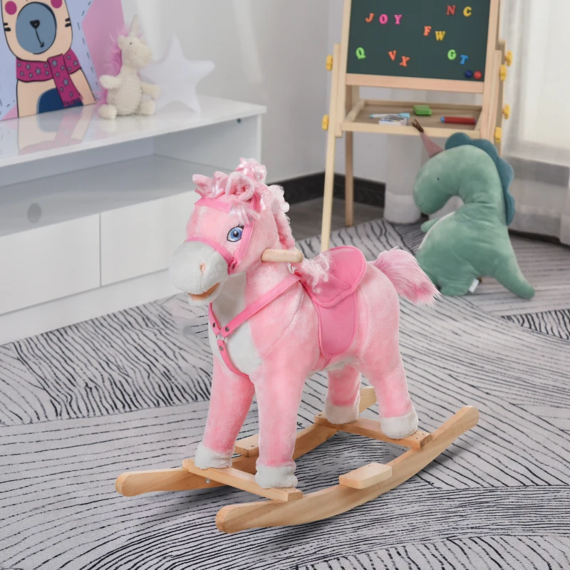 Qaba Kids Plush Rocking Horse Child Ride On Toy Rocker with Realistic Sounds Pink