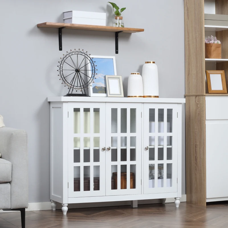 HOMCOM Sideboard, Buffet Cabinet with 3 Tempered Glass Doors, Stripe Pattern and Adjustable Storage Shelf, Credenza, White