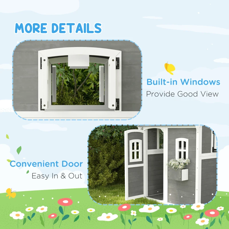 Outsunny Outdoor Wooden Playhouse for Kids with Floor, Door, Windows, Planter Box for 3-8 Years Old, Backyard, Lawn, Garden
