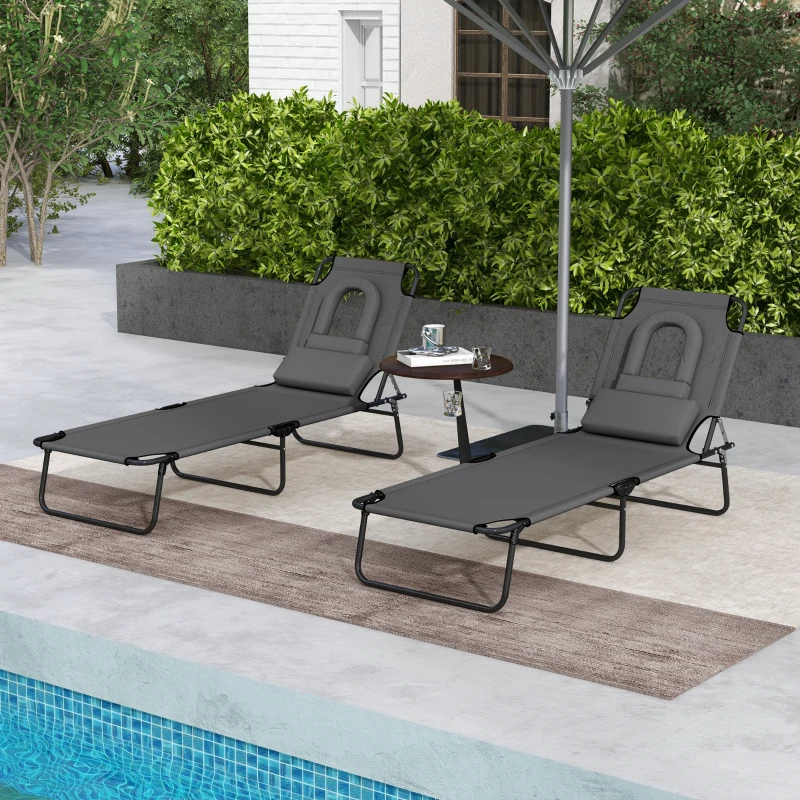 Outsunny 2PCS Adjustable Outdoor Lounge Chair, Garden Folding Chaise Lounge with Face Hole Reclining Tanning Chair Seat, Folding Camping Beach Lounging Bed w/ Head Support Grey
