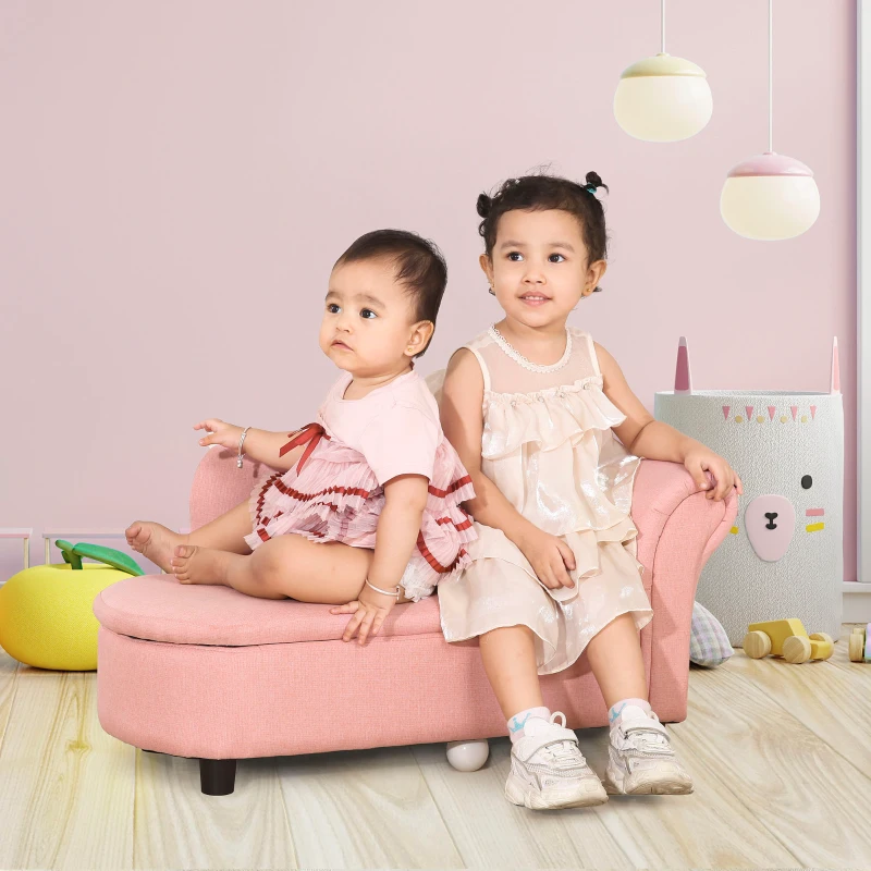 Qaba Kids Sofa, Toddler Couch with Storage Compartment, Children Chaise Lounge, Armrest Chair for Preschool for Kids Room, Kindergarten, Eucalyptus Wood, Pink