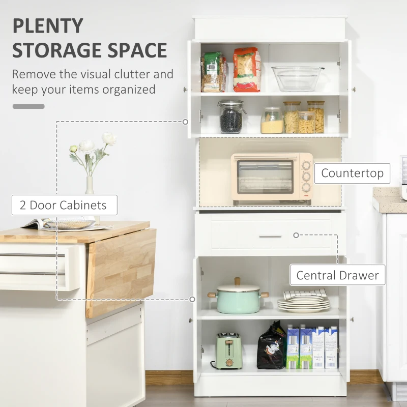 HOMCOM 72" Kitchen Pantry Cabinet, Freestanding Buffet with Hutch, Cupboard with Adjustable Shelf, Utility Drawer, 2 Door Cabinets and Countertop, White Wood Grain