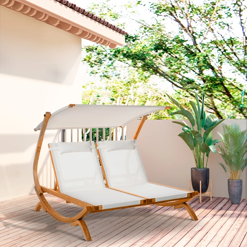 Outsunny Wooden Outdoor Double Chaise Lounge, Patio Loveseat Tanning Chair with Adjustable Canopy Shade, 3-Level Backrest, Removable Pillows for 2 People for Poolside, Beige