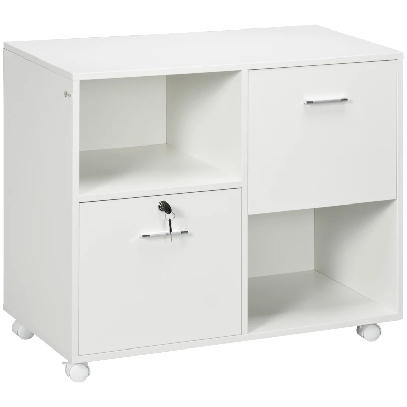 Vinsetto Lateral Filing Cabinet with Drawers and Lock, File Cabinet, Mobile Printer Stand with Open Shelves and Wheels for Letter and A4 Size Documents, White