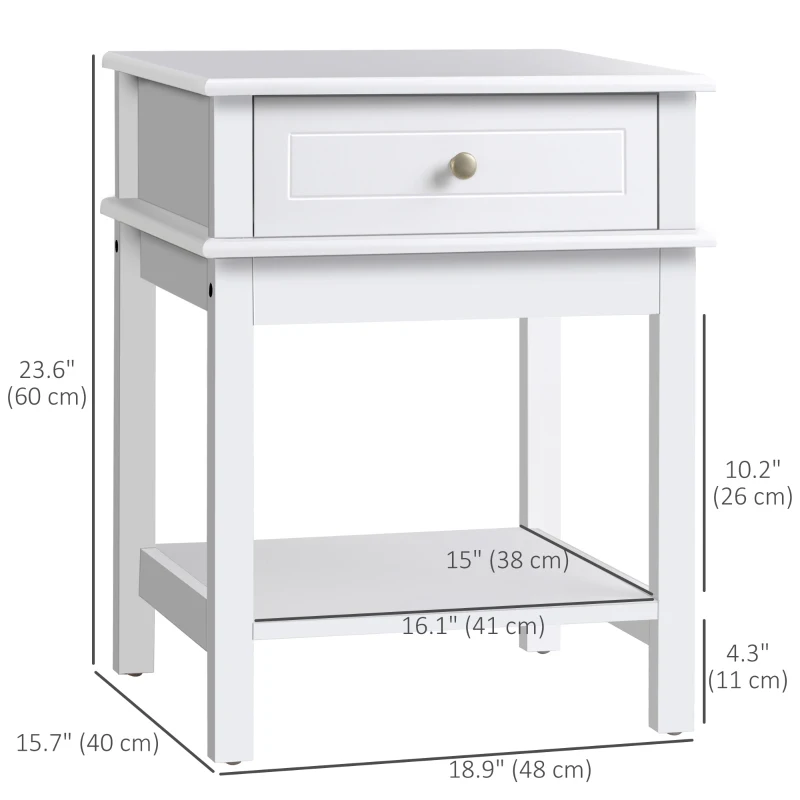 HOMCOM Modern Nightstand, Accent End Side Table with Drawer and Storage Shelf, Bedside Table for Bedroom, White