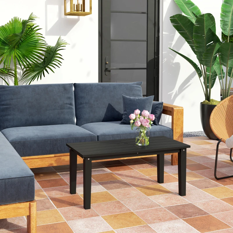 Outsunny Rectangle Outdoor Coffee Table, HDPE All-Weather Outdoor Patio Table with Slatted Tabletop for Yard, Balcony, Black