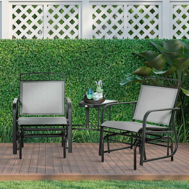 Outsunny Outdoor Glider Bench with Coffee Table, Patio 2-Seat Rocking Chair Swing Loveseat with Breathable Sling for Backyard Garden Porch, Light Grey