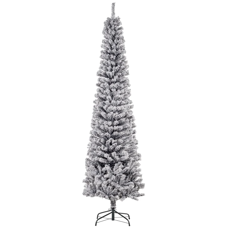 HOMCOM 7.5ft Flocked Christmas Tree, Pencil Christmas Tree with Realistic Branch Tips, Folding Metal Stand, Black