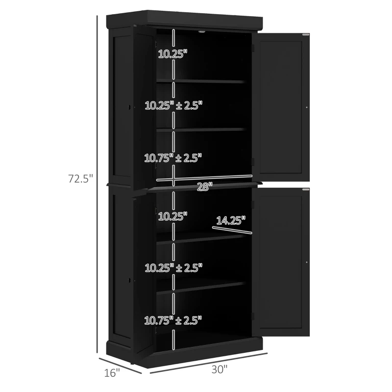 HOMCOM 72" Kitchen Cabinet, Pantry Storage Cabinet with Doors and Shelves, Freestanding Food Pantry Cabinet, Black