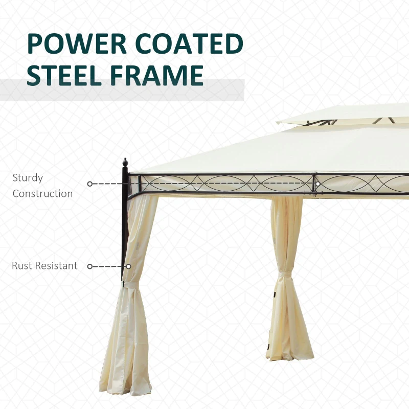 Outsunny 10x13ft Garden Gazebo Double-Tiered with Curtain Outdoor Shelter Backyard Canopy Cream White
