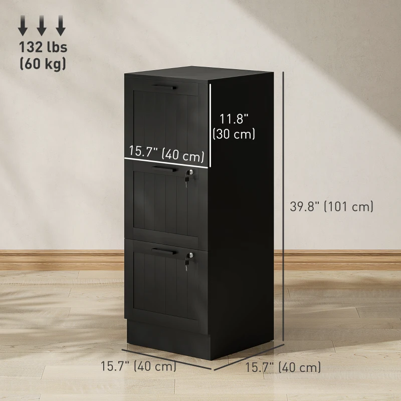 HOMCOM 3 Drawer Filing Cabinet with Lock, Office Storage Cabinet with Adjustable Hanging Bars for A4 Letter Size Files, Black