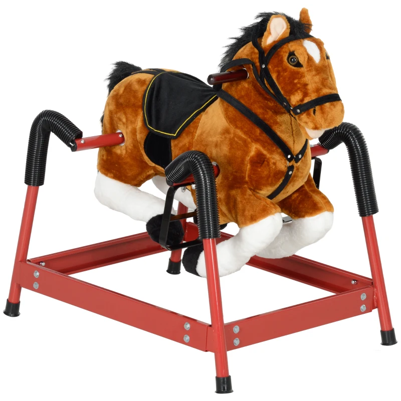Qaba Spring Rocking Horse, Kids Ride on Horse, Plush Horse Ride-on w/ Sounds & Foot Stirrups for Kids 3-8 Years, Brown