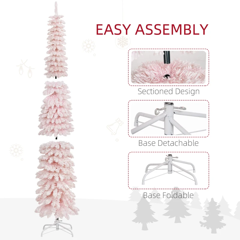 HOMCOM 6ft Snow-Flocked Artificial Christmas Tree, Slim Pencil Xmas Tree with 395 Realistic Branches, Metal Base, Pink