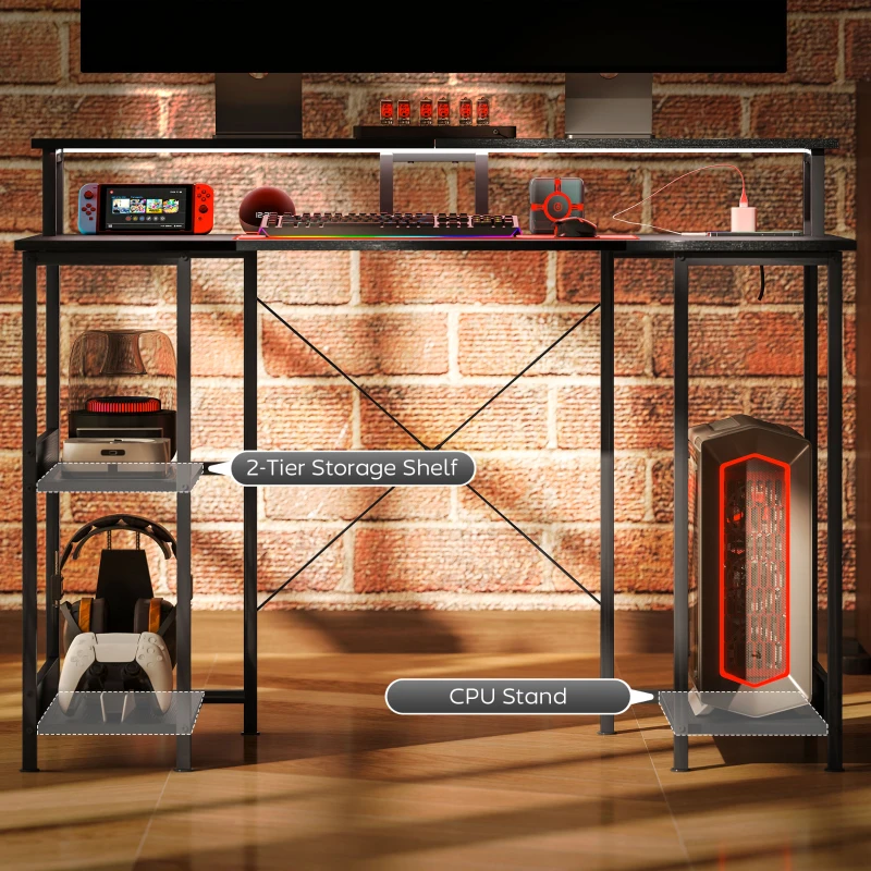 HOMCOM Computer Desk with Storage, 47" Reversible Computer Table with Power Outlets and LED Lights, Distressed Black