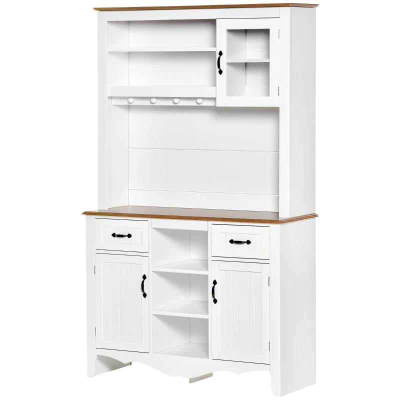 HOMCOM Farmhouse 71" Kitchen Buffet with Hutch, Storage Cabinet with Drawers and Shelves, White