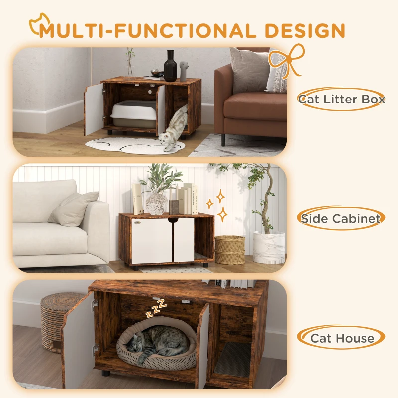 PawHut Hidden Cat Litter Box Enclosure with Double Doors and Sand Drain Pad, Rustic Brown