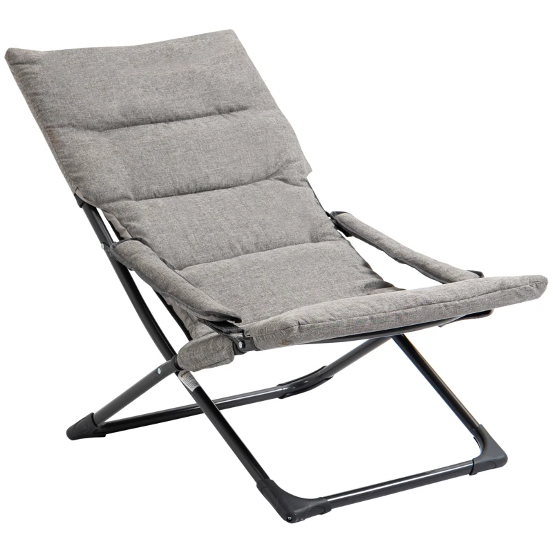 Outsunny Folding Lounge Chair, Mesh Fabric Lounger with Thick Padded Cushion and Armrest, Camping Beach Chair for Poolside, Deck, Backyard, Grey