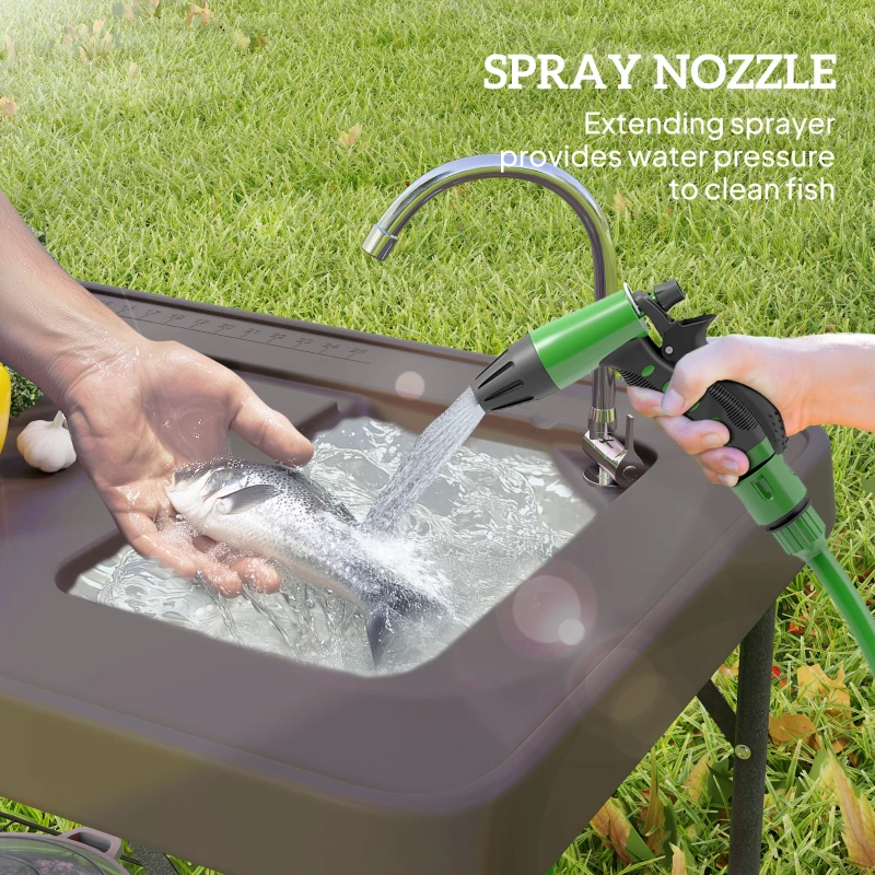 Outsunny Folding Fish Cleaning Table with Sink, Portable Camping Table with Faucet, Drainage Hose, Sprayer and Shelf, Tan