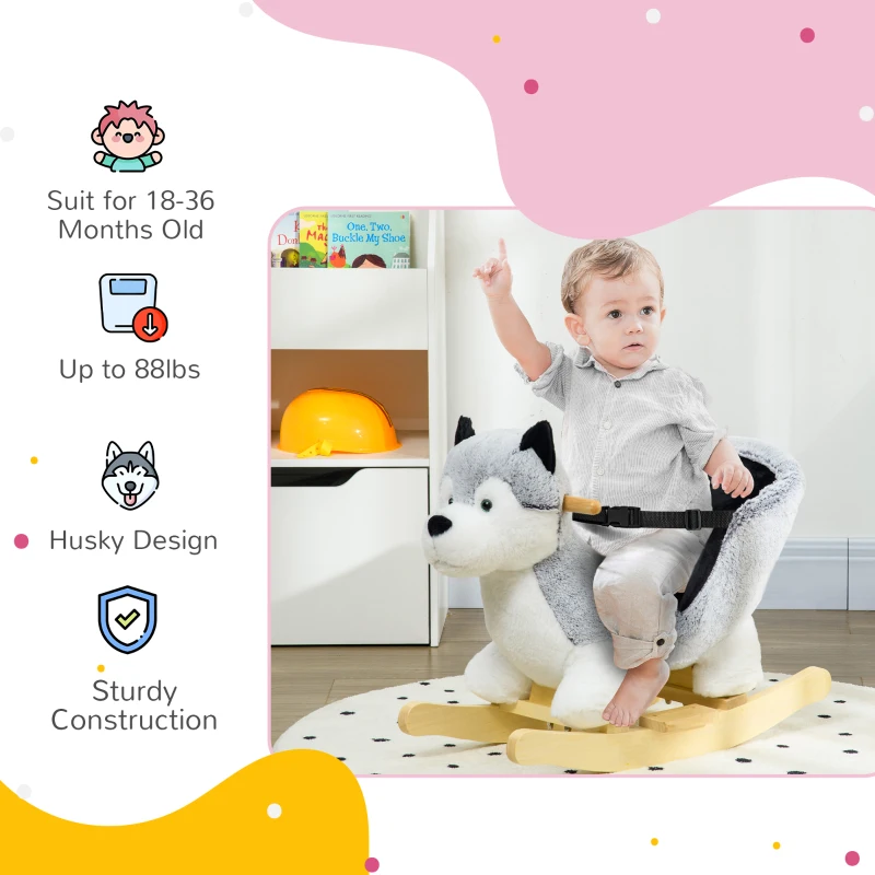 Qaba Toddler Rocking Chair Husky-Themed Rocking Animal with Wooden Base, Seat Belt for Kids 18-36 Months