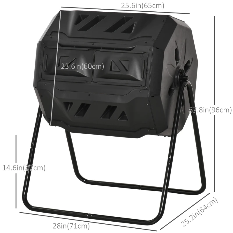 Outsunny 43 Gallon (160L) Tumbling Compost Bin Outdoor Dual Chamber 360° Rotating Composter with Sliding Doors, Solid Steel Frame and Gloves, Black