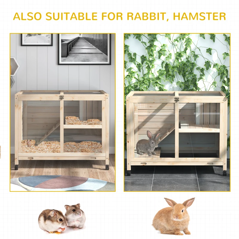 PawHut Indoor Rabbit Hutch with Wheels, Bunny Cage Guinea Pig House W/ Top Access, Ramp, Pull Out Tray, Natural Wood