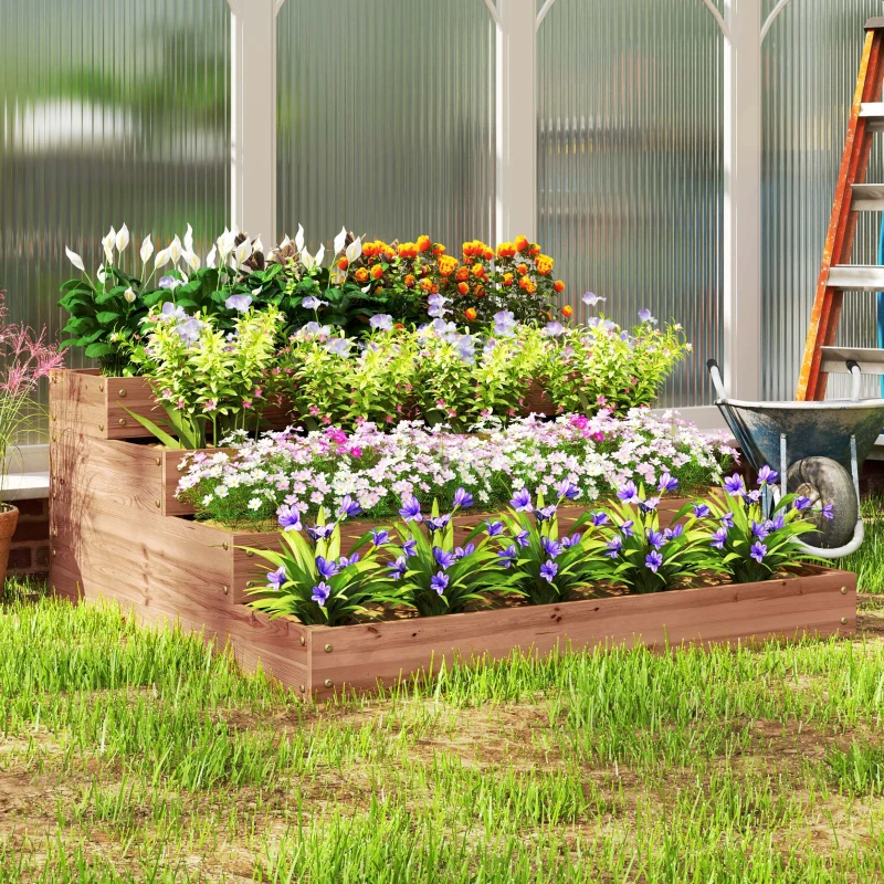 Outsunny 4-Tier Raised Garden Bed, Vertical Wooden Elevated Planter Box Kit with Liner for Vegetable, Flower, Herb, Dark Brown