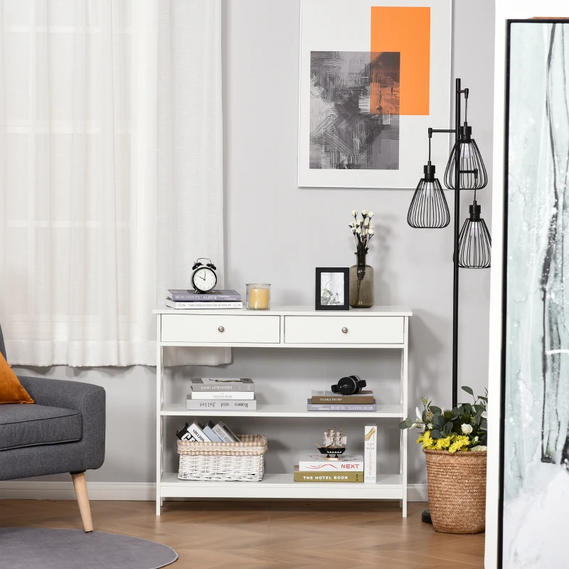 HOMCOM 39" Console Table, Narrow Entryway Table with Storage Shelves, Drawers and X Frame for Behind Couch, Living Room, Hallway, White