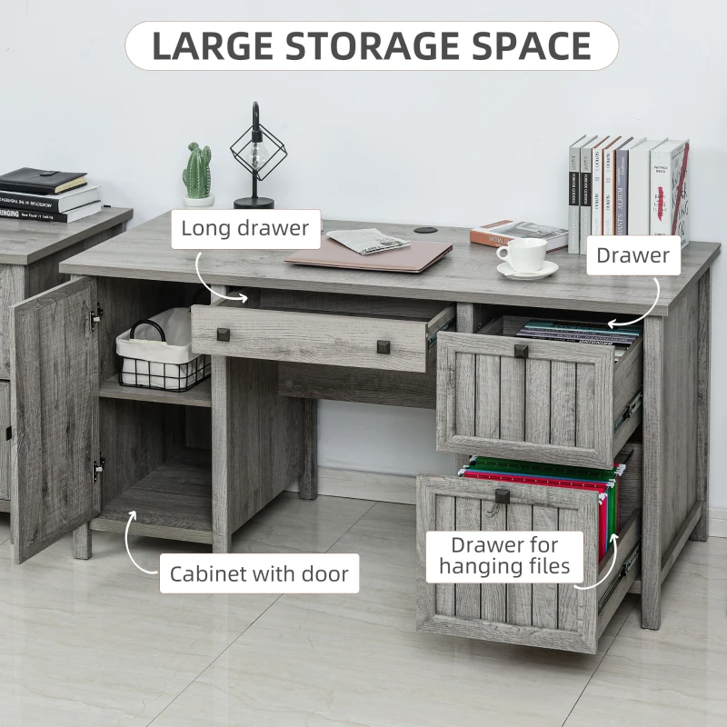 HOMCOM Vintage Executive Computer Desk, Home Office Work station, Student Table with Cabinet & 3 Drawers for Hanging Files, Grey