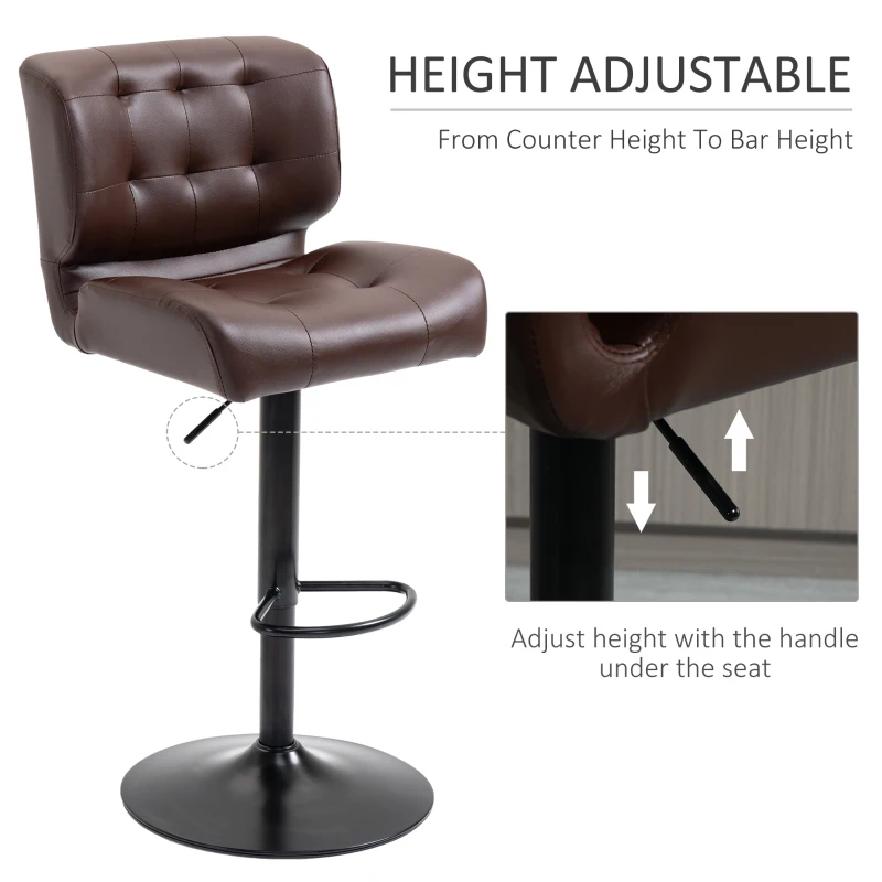 HOMCOM Bar Height Bar Stools Set of 2 with Adjustable Seat, Adjustable Swivel Barstools with Thick Padded Cushion and Metal Footrest for Home Bar, Brown