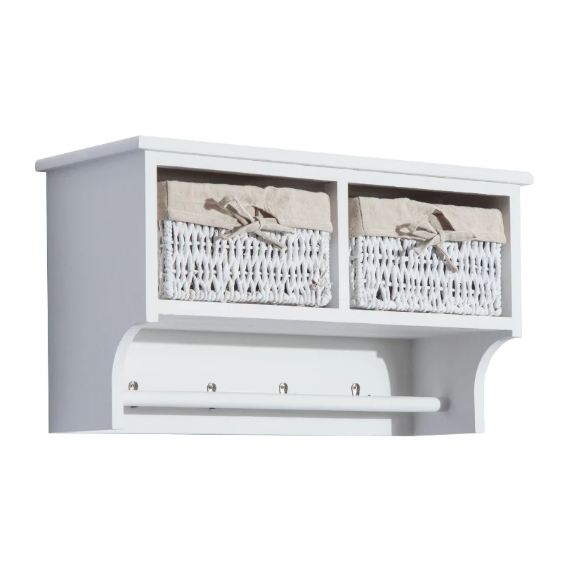 HomCom Rustic Country Floating Storage Shelf With Coat Hooks And 2 Removable Baskets - White