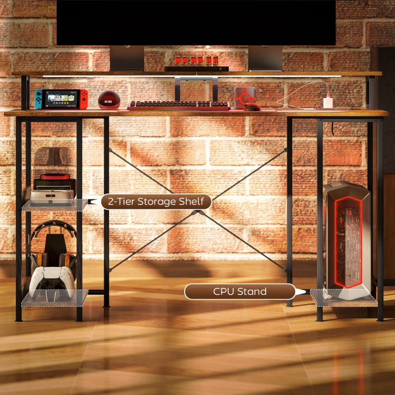 HOMCOM Computer Desk with Storage, 55" Reversible Computer Table with Power Outlets and LED Lights, Rustic Brown