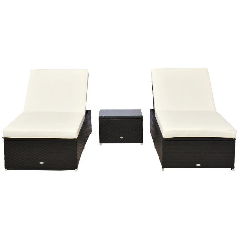 Outsunny 3pc Rattan Lounge Chair Set with Side Table Outdoor Patio Synthetic Rattan Wicker Sun Bed Set with Cushion