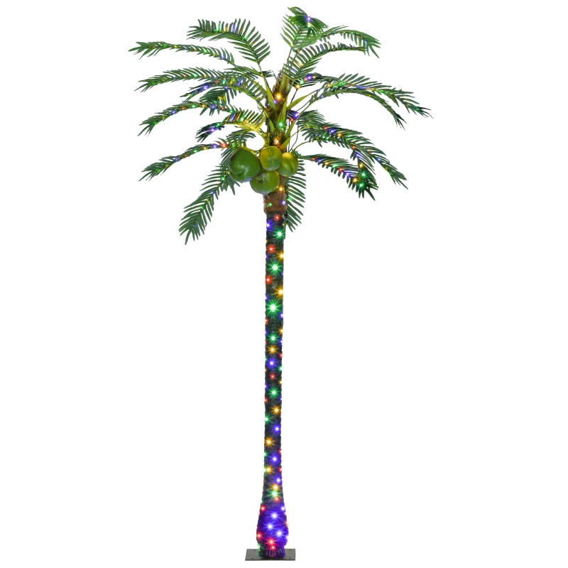 Outsunny 8' Artificial Light Up Palm Tree Lighted Tropical Fake Tree with Remote 350 Lights 5 Coconuts for Outdoor Indoor Green
