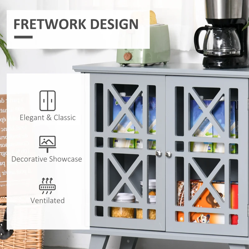 HOMCOM Storage Cabinet with Fretwork Doors and Shelf, Modern Freestanding Sideboard, Buffet, Grey