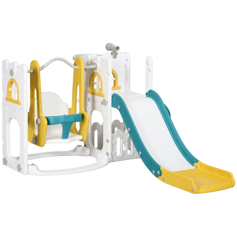 Qaba 6-in-1 Slide and Swing Set Baby Swing Playset Indoor with Basketball Hoop, Climber, Storage Space, Telescope, Yellow