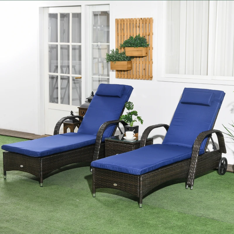 Outsunny Patio Rattan Lounge Set, Wheeled Wicker Chaise Lounge Chair and Table with Tempered Glass Top, Dark Blue