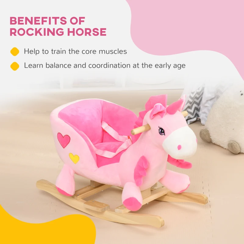 Qaba Baby Rocking Horse, Plush Animal Rocker for Toddlers Aged 18-36 Months, Stuffed Ride Toy with Sounds, Seat Belt, Pink