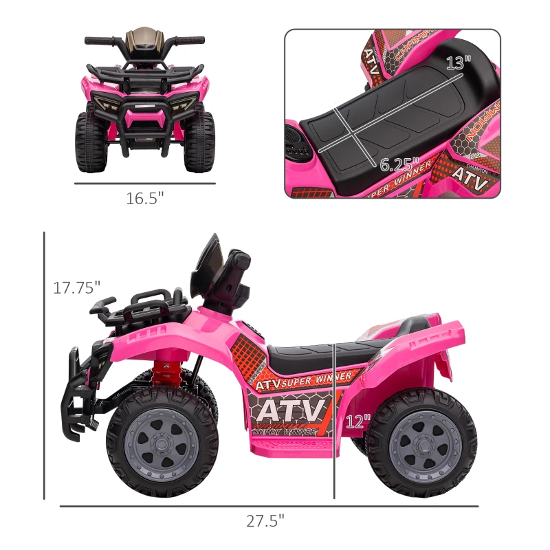 Aosom Kids Four Wheeler  Ride on Car, Motorized Quad, 6V Battery Powered Electric Quad with Songs for 18-36 Months, Pink