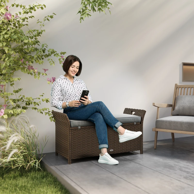 Outsunny 2-In-1 Outdoor PE Rattan Storage Bench, 29 Gallon Patio Wicker Furniture, Basket Box with Handles and Cushion Dark Grey