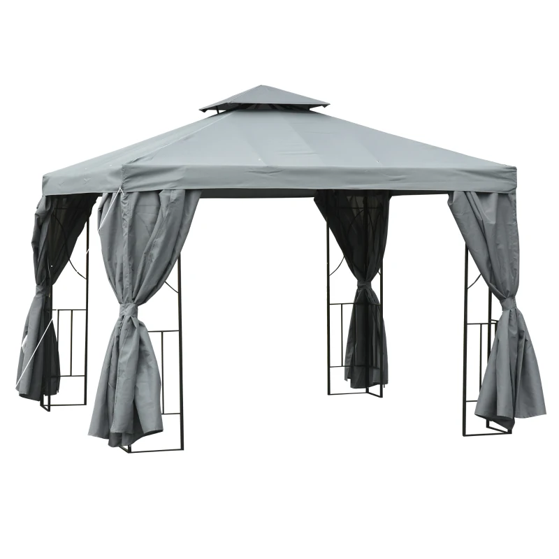 Outsunny 10' x 10' Patio Gazebo Outdoor, Canopy Shelter with Double-tier Roof, Pavilion Sidewalls for Garden Events, Dark Grey
