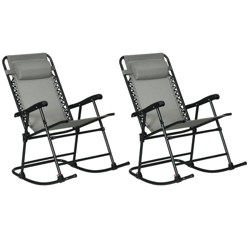 Outsunny 2pc Patio Foldable Rocking Chair Set w/ Breathable Mesh Seat & Backrest, Headrest for Park, Backyard, Garden, Grey