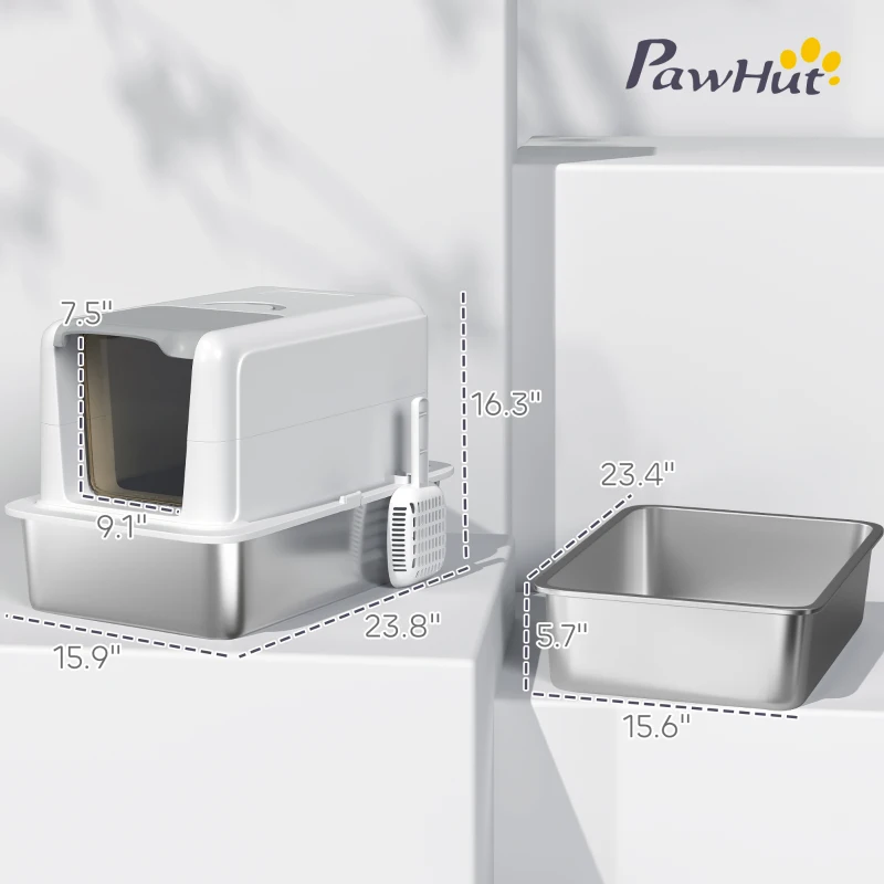 PawHut 2 in 1 Stainless Steel Cat Litter Box with Removable Lid, Scoop, Filter Bags, for Small to Large Cats, White