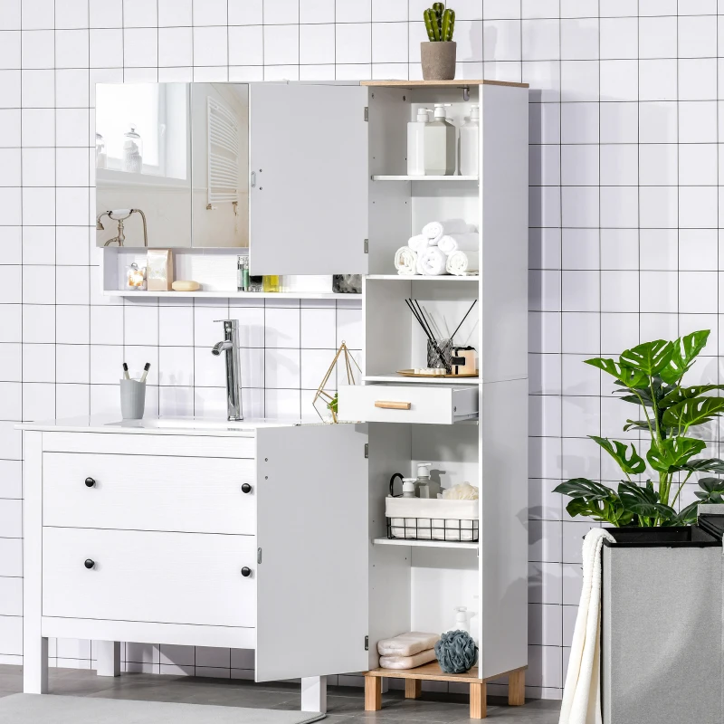 kleankin Bathroom Storage Cabinet with Cupboards and Drawer, Floor Free Standing Linen Tower, Tall Slim Side Organizer Shelves, White