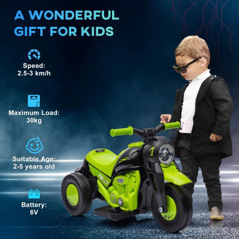 Qaba Electric Motorcycle for Kids, 6V Ride on Bubble Car with LED Headlight, Music, Pedal, for 2-5 Years Green